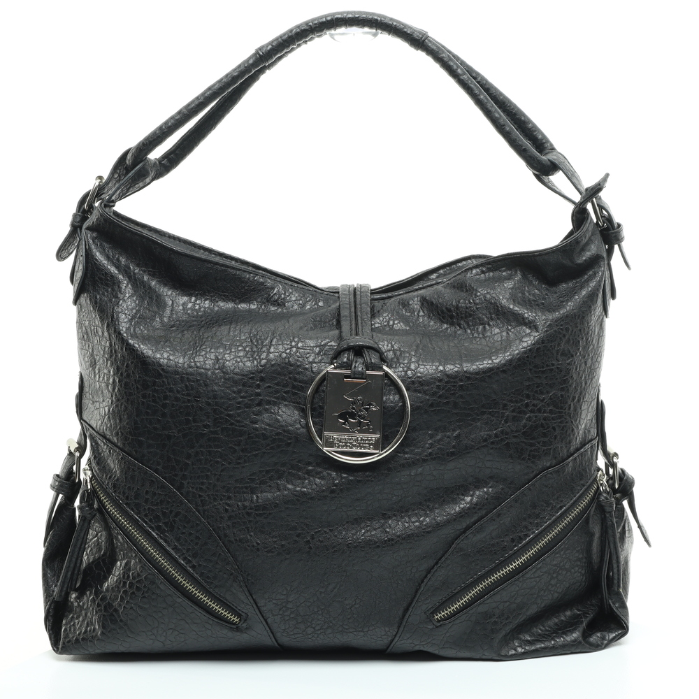 Beverly Hills Polo Club Shoulder Purse Faux Leather Hobo Bag17x13x4 Black/Silver